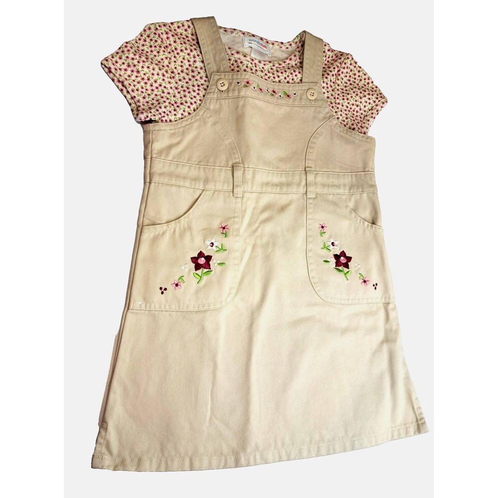 Wonder Kids Jumper Dress Shirt Set Girls 4/5 Beige NWOT Floral Embroidered